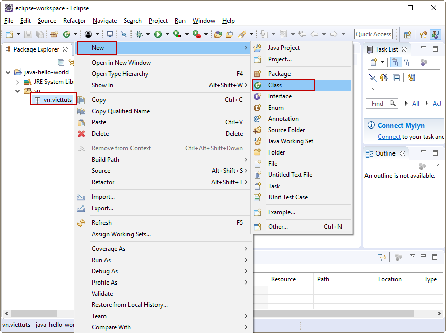 Tạo Java class trong Eclipse