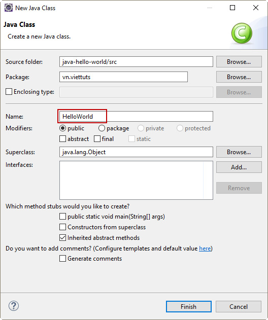 Tạo Java class trong Eclipse Tạo Java class trong Eclipse