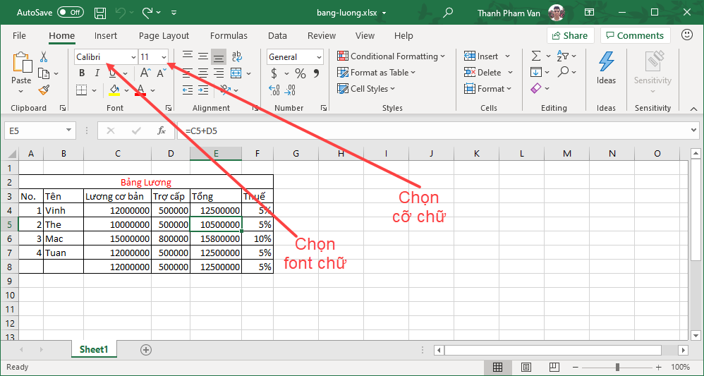 Cài đặt font chữ trong Excel