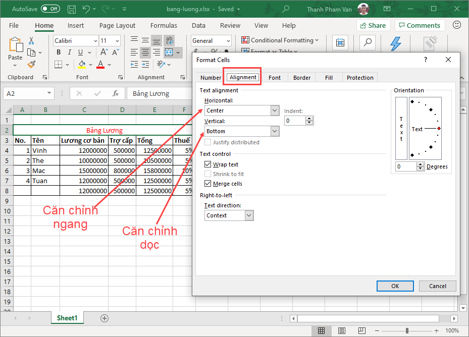 Căn chỉnh văn bản trong Excel