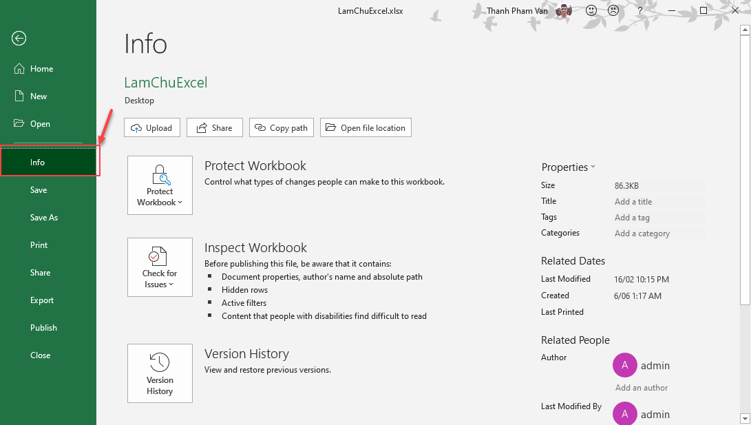 Chế độ xem Backstage trong Excel Chế độ xem Backstage trong Excel