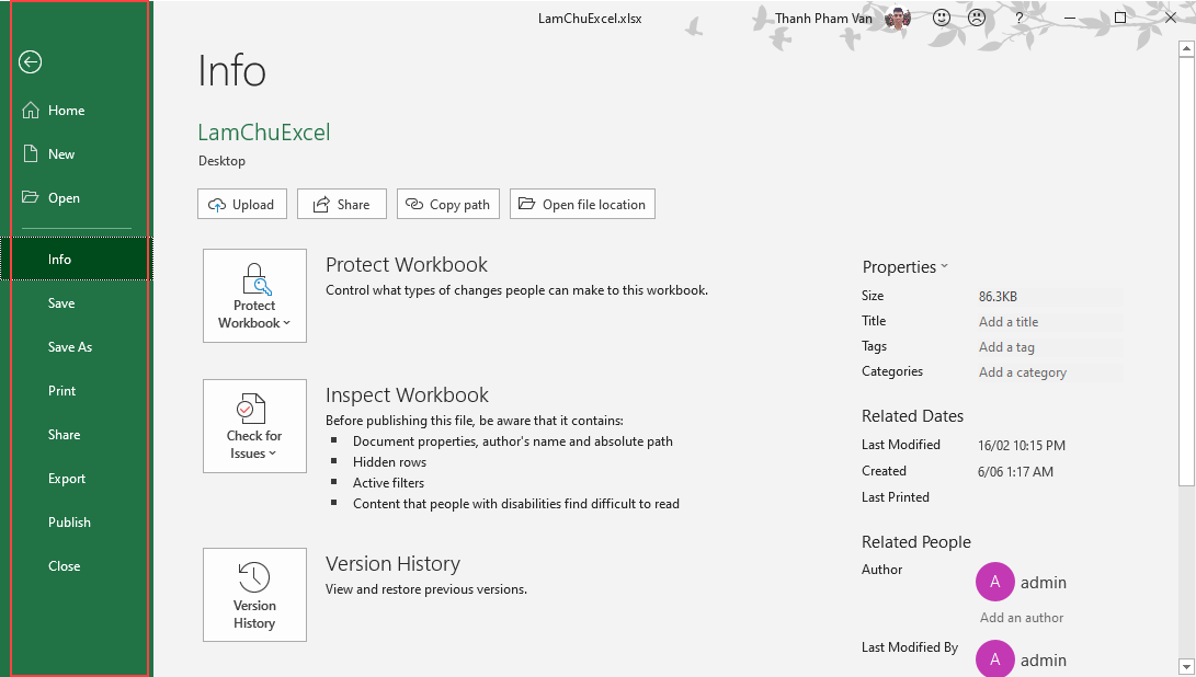 Chế độ xem Backstage trong Excel Chế độ xem Backstage trong Excel