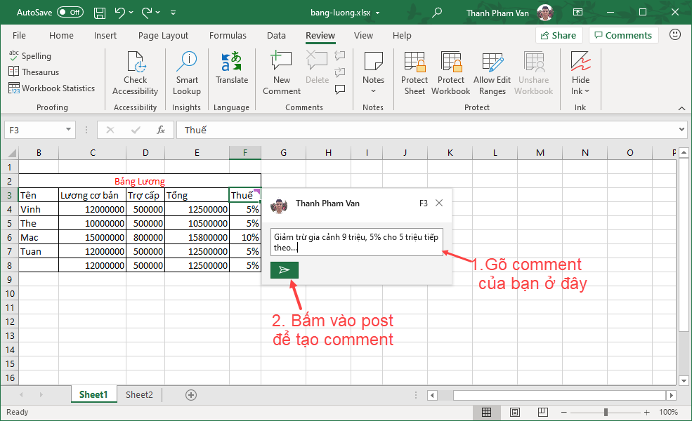 Chèn bình luận (comment) trong Excel