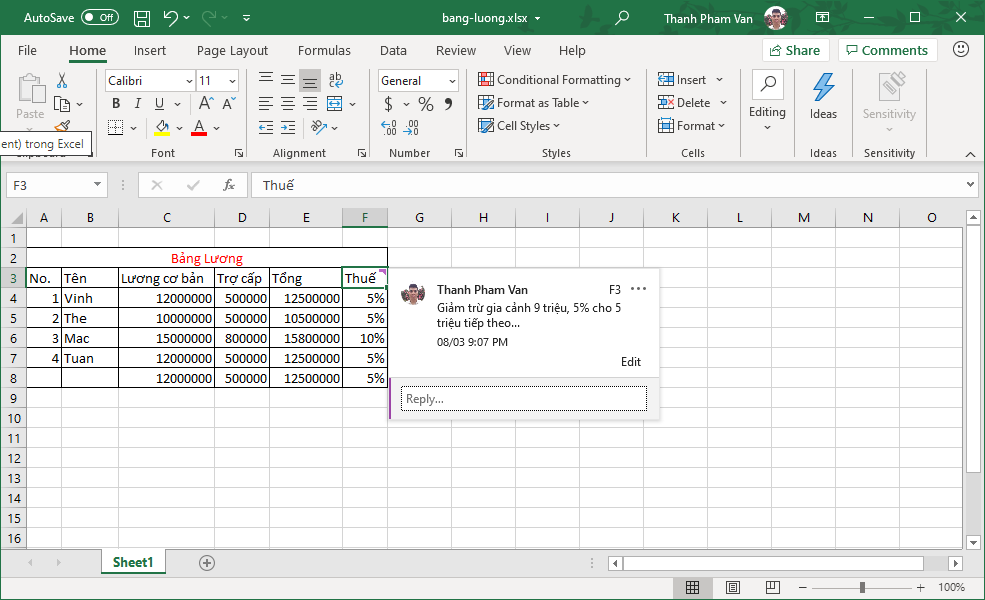 Chèn bình luận (comment) trong Excel