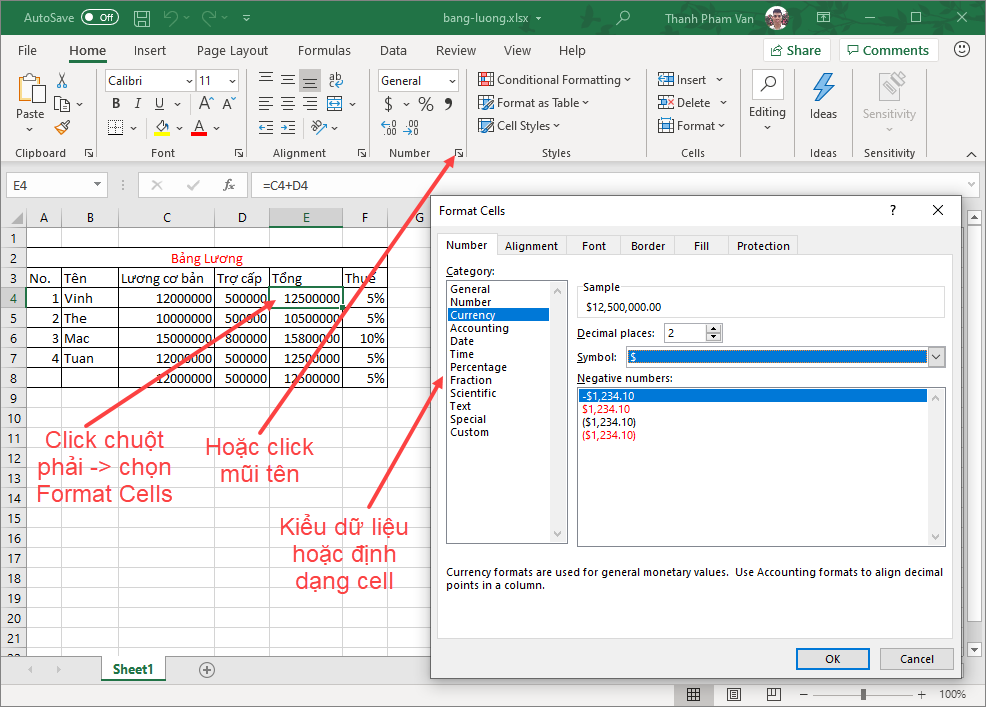 Định dạng Cell hay cài đặt kiểu dữ liệu cho Cell trong Excel