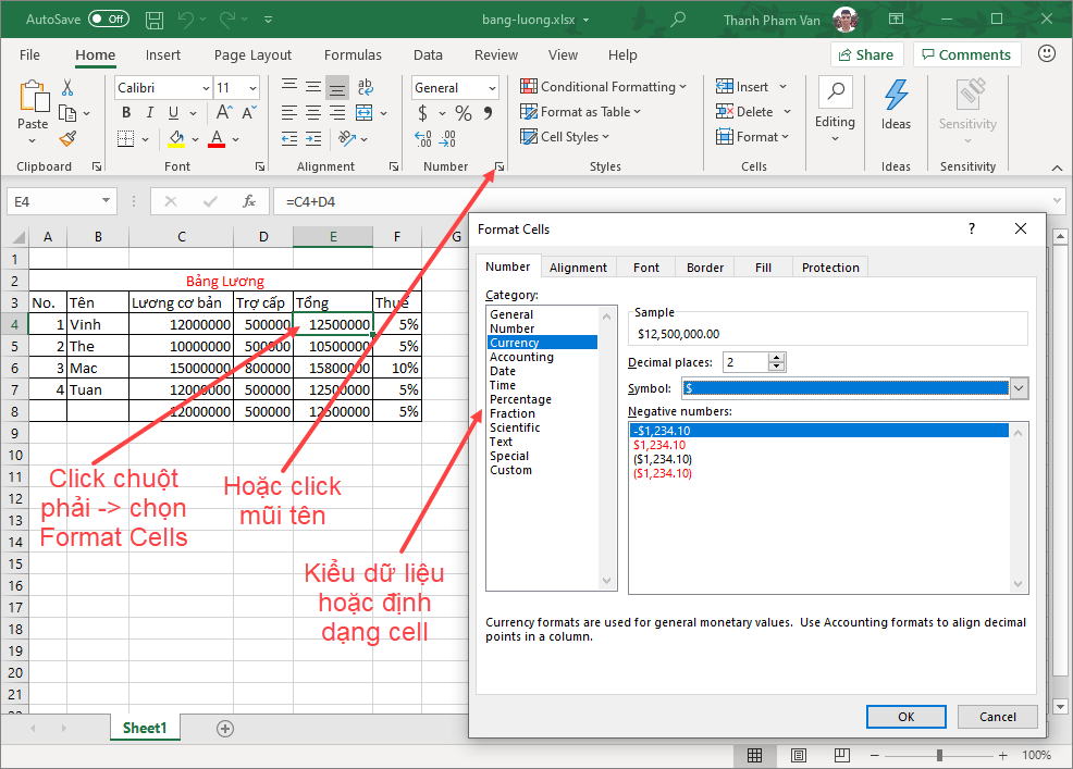 Định dạng Cell hay cài đặt kiểu dữ liệu cho Cell trong Excel Định dạng Cell hay cài đặt kiểu dữ liệu cho Cell trong Excel