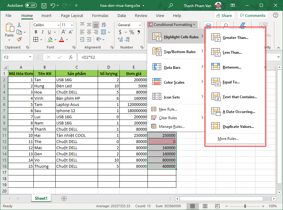 Định dạng có điều kiện trong Excel