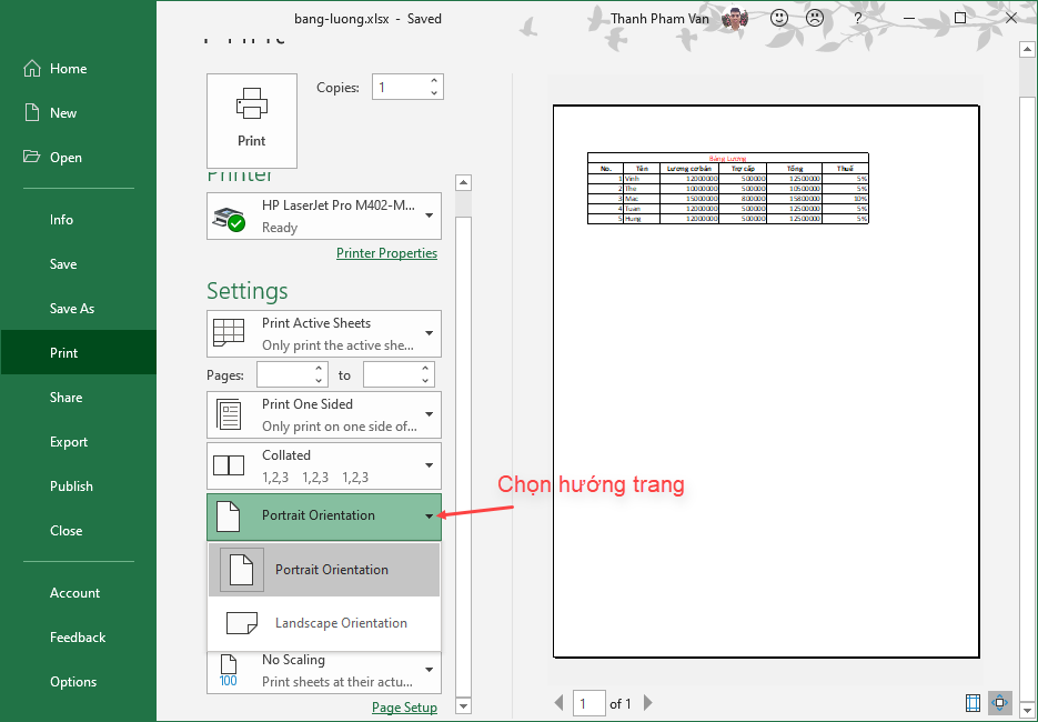 Định hướng trang trong Excel