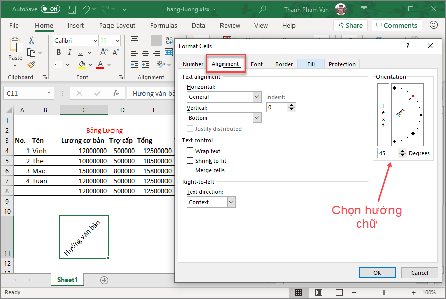 Định hướng văn bản trong Excel Định hướng văn bản trong Excel