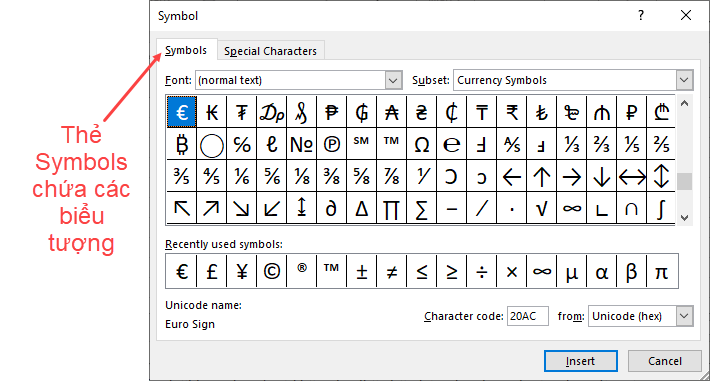 Ký tự (biểu tượng) đặc biệt trong Excel