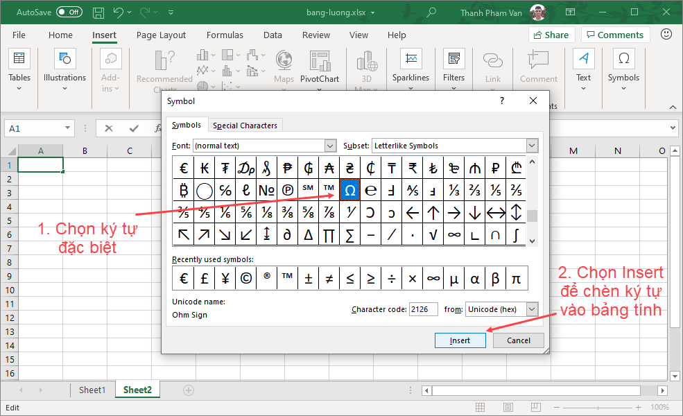 Ký tự (biểu tượng) đặc biệt trong Excel