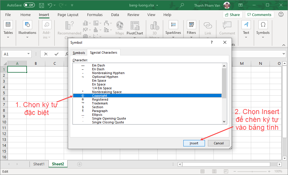 Ký tự (biểu tượng) đặc biệt trong Excel Ký tự (biểu tượng) đặc biệt trong Excel
