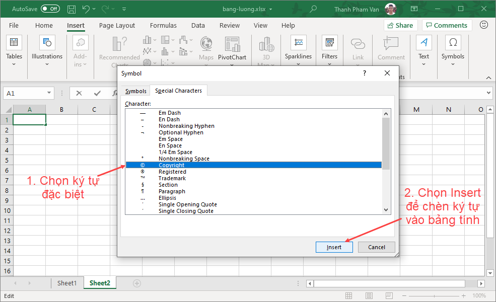 Ký tự (biểu tượng) đặc biệt trong Excel