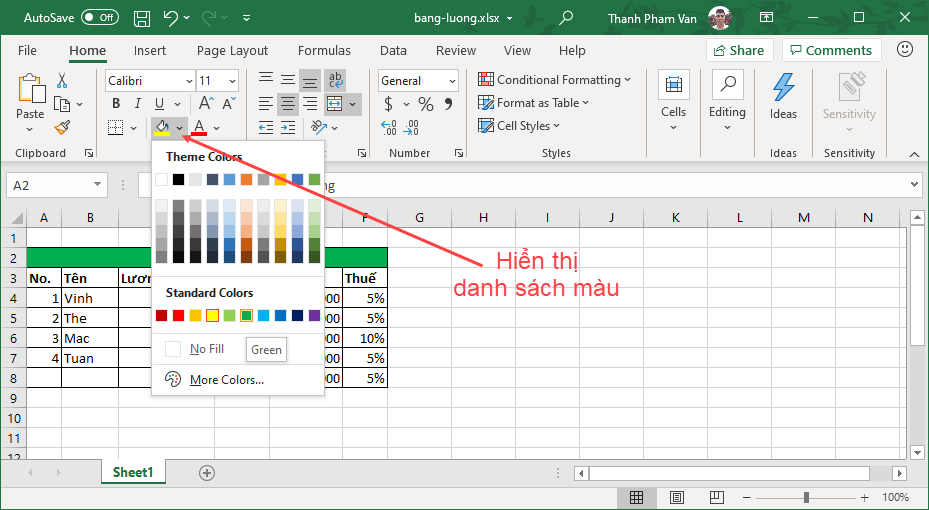 Màu văn bản và màu nền (background) trong Excel