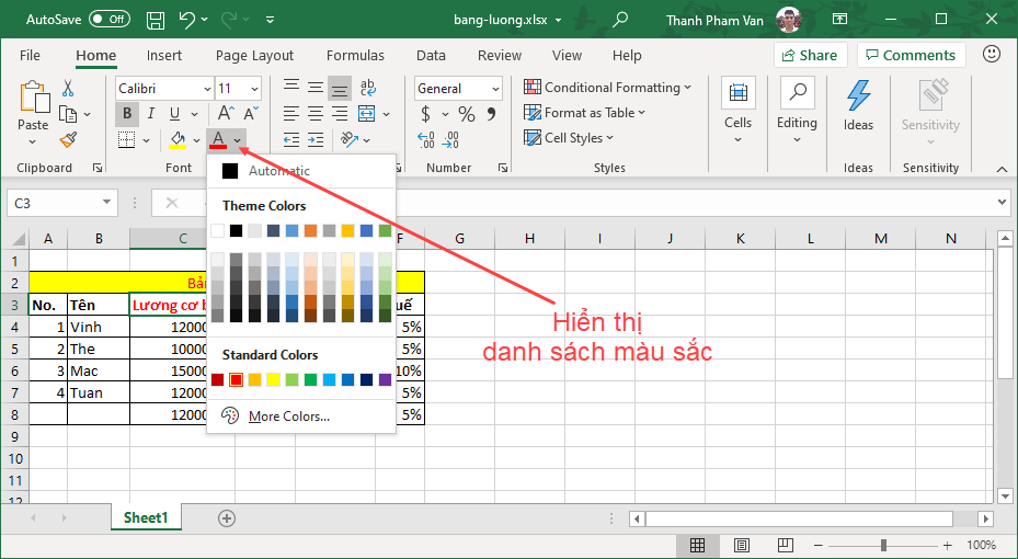 Màu văn bản và màu nền (background) trong Excel Màu văn bản và màu nền (background) trong Excel