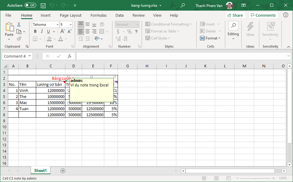 Chèn ghi chú (note) trong Excel Chèn ghi chú (note) trong Excel
