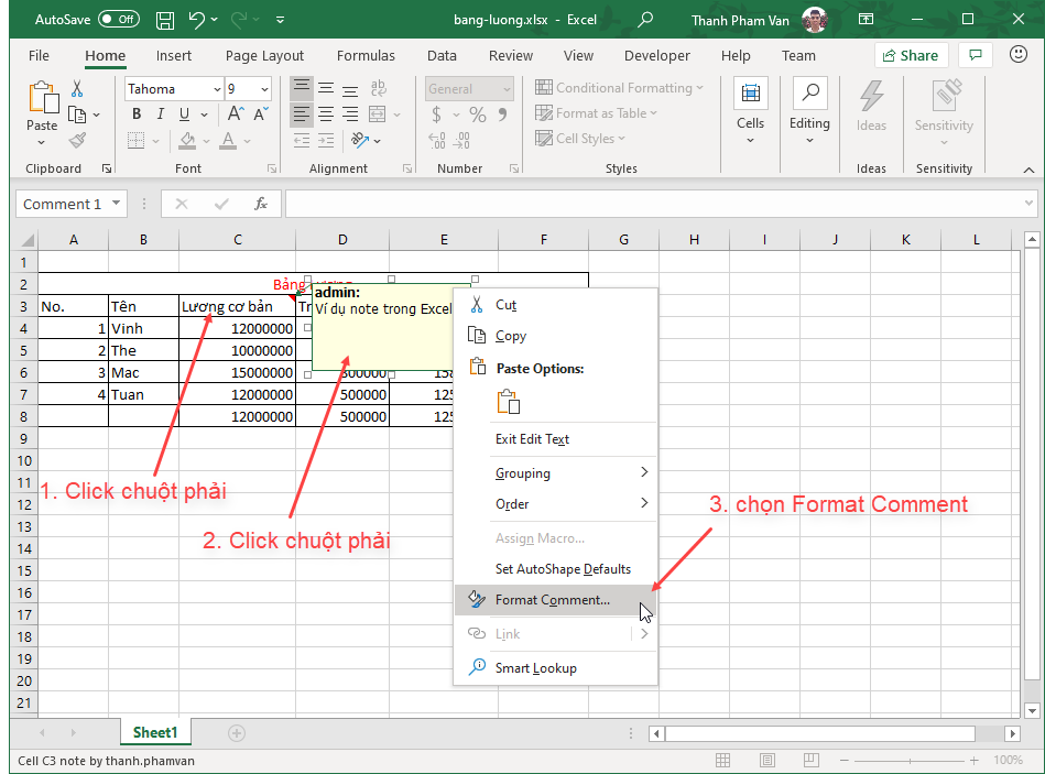 Chèn ghi chú (note) trong Excel