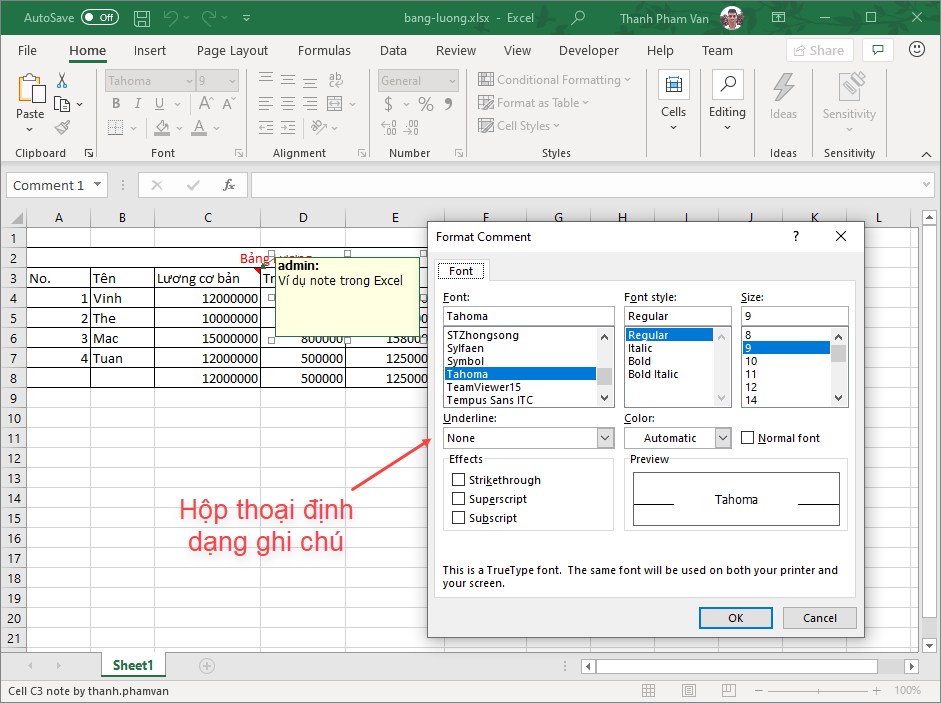 Chèn ghi chú (note) trong Excel