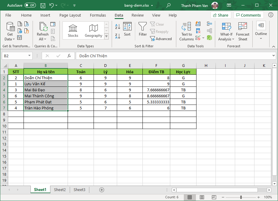 Sắp xếp dữ liệu trong Excel