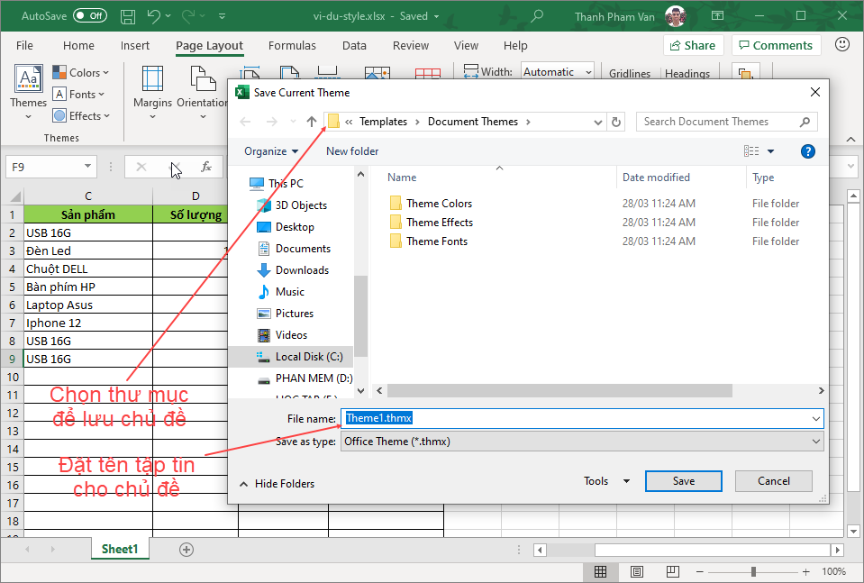 Sử dụng chủ đề (theme) trong Excel