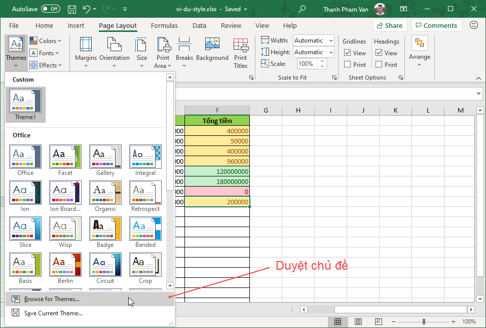 Sử dụng chủ đề (theme) trong Excel