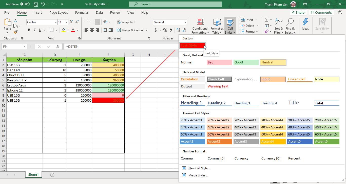 Sử dụng Style trong Excel