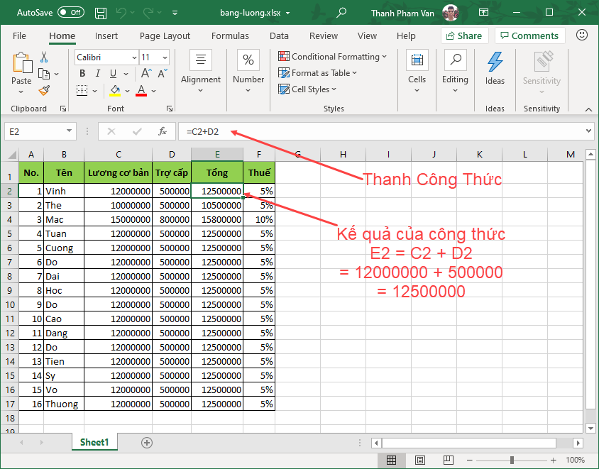 Tạo công thức (fomular) trong Excel