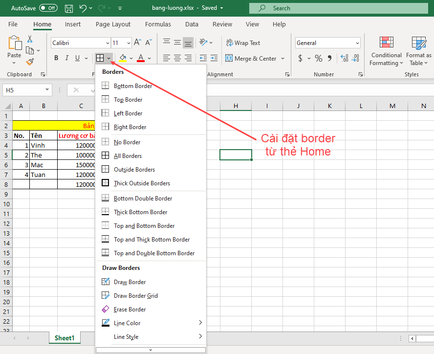 Tạo đường viền (border) trong Excel