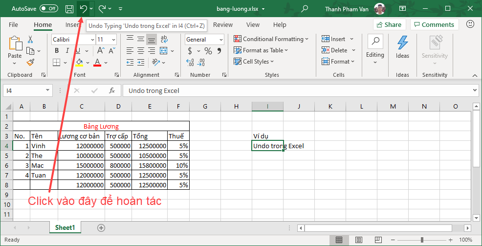 Undo & Redo - Hoàn tác các thay đổi trong Excel Undo & Redo - Hoàn tác các thay đổi trong Excel