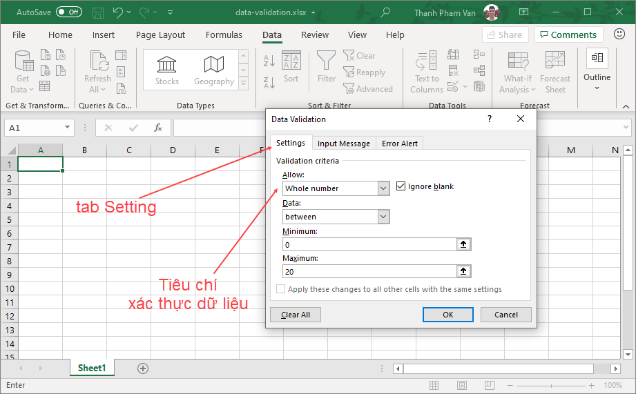 Xác thực dữ liệu (Data Validation) trong Excel