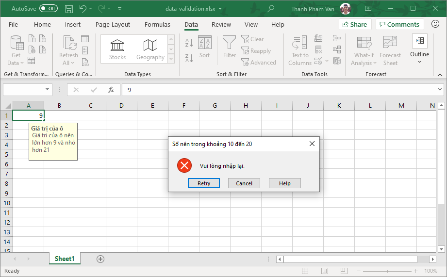 Xác thực dữ liệu (Data Validation) trong Excel