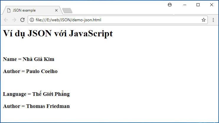 Ví dụ phân tích chuỗi JSON với JavaScript Ví dụ phân tích chuỗi JSON với JavaScript