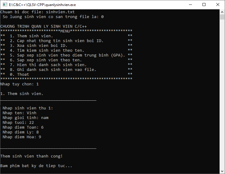 Bài tập quản lý sinh viên trong C/C++