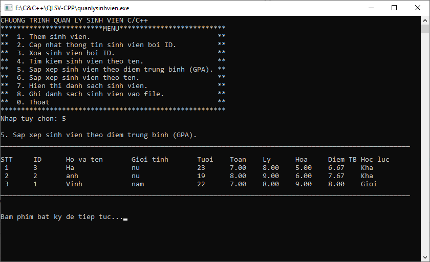 Bài tập quản lý sinh viên trong C/C++