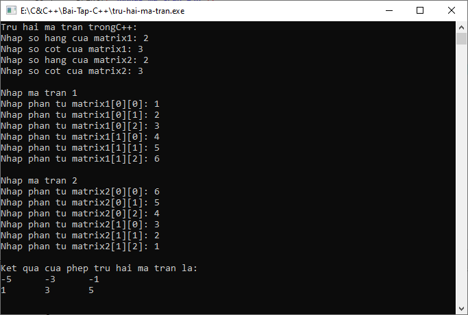 Trừ hai ma trận trong C++ Trừ hai ma trận trong C++