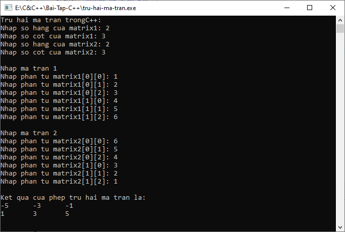  Trừ hai ma trận trong C++